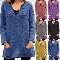 Fashion Solid Color Long Sleeve V-neck Front-pocket Loose Sweater