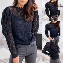 Sexy Long Sleeve Round Neck Hollow Out Lace Top