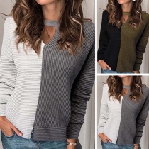 Fashion Contrast Color Long Sleeve V-neck Top