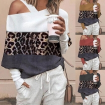 Sexy Oblique Shoulder Leopard Spliced Long Sleeve Top