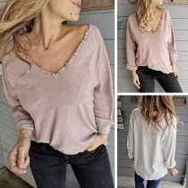Fashion Solid Color Long Sleeve Sequin Spliced V-neck Loose T-shirt