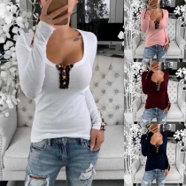 Fashion Long Sleeve Round Neck Printed Spliced T-shirt