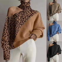 Fashion Contrast Color Leopard Spliced Long Sleeve Turtleneck Sweater