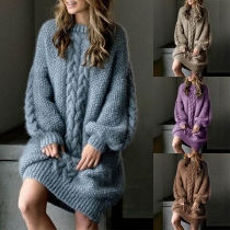 Fashion Solid Color Long Sleeve Round Neck Loose Sweater Dress