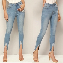 Fashion High Waist Slim Fit Slit Hem Ripped Jeans