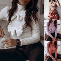 Fashion Solid Color Long Sleeve Turtleneck Bow-knot Knit Top