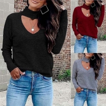 Sexy Hollow Out Long Sleeve Mock Neck Solid Color Knit Top