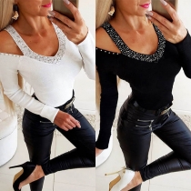 Sexy Off-shoulder V-neck Long Sleeve Rhinestone Spliced T-shirt
