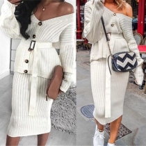 Sexy V-neck Long Sleeve Solid Color Mock Two-piece Knit Dress