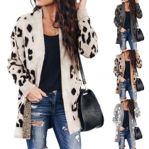 Fashion Leopard Printed Long Sleeve Loose Knit Cardigan