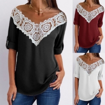 Fashion 3/4 Trumpet Sleeve Lace Spliced V-neck Loose Top