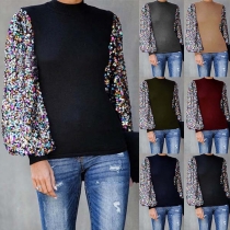Fashion Sequin Spliced Trumpet Sleeve Mock Neck Top