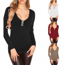 Simple Style Long Sleeve V-neck Solid Color Slim Fit T-shirt