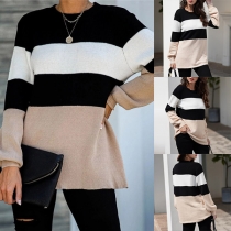 Fashion Contrast Color Long Sleeve Round Neck Loose Knit Top