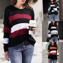 Fashion Long Sleeve Round Neck Striped Knit Top