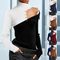 Sexy Hollow Out Long Sleeve High Collar Contrast Color Top