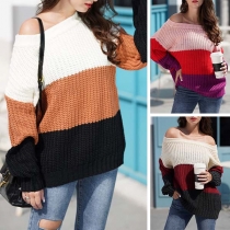 Fashion Contrast Color Long Sleeve Round Neck Loose Sweater