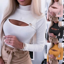 Sexy Long Sleeve Turtleneck Solid Color Hollow Out T-shirt
