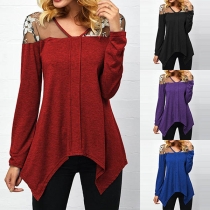 Sexy Gauze Spliced Long Sleeve V-neck Irregular Hem T-shirt