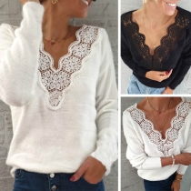 Sexy Lace Spliced V-neck Long Sleeve Solid Color Top