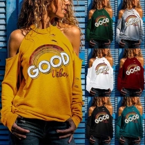 Sexy Off-shoulder Long Sleeve Letters Printed T-shirt