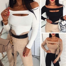 Sexy Boat Neck Long Sleeve Hollow Out Slim Fit T-shirt