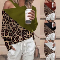 Sexy Oblique Shoulder Long Sleeve Leopard Spliced Top
