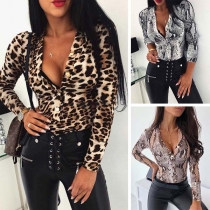 Sexy Deep V-neck Long Sleeve Leopard/Serpentine Printed Bodysuit