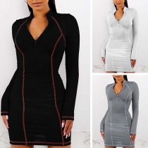 Fashion Solid Color Long Sleeve Stand Collar Slim Fit Dress