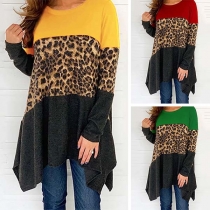 Fashion Leopard Spliced Long Sleeve Round Neck Irregular Hem Top