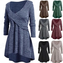 Fashion Long Sleeve V-neck High-low Hem Knit Dress