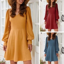 Elegant Solid Color Long Sleeve V-neck High Waist Dress