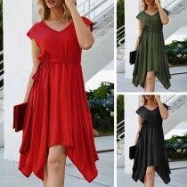 Fashion Solid Color Short Sleeve V-neck Irregular Hem Dress