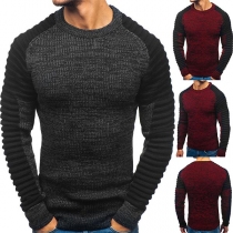 Fashion Contrast Color Long Sleeve Round Neck Wrinkled Man's Sweater