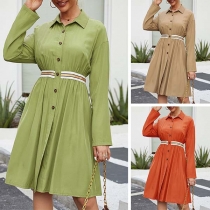 OL Style Long Sleeve POLO Collar High Waist Shirt Dress