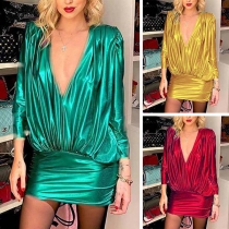 Sexy Deep V-neck Long Sleeve Solid Color Dress