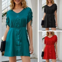 Fashion Solid Color Short Sleeve V-neck Single-breasted Dress