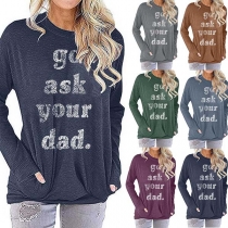 Fashion Letters Printed Long Sleeve Round Neck Loose T-shirt