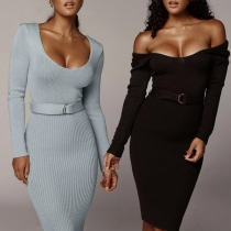 Sexy Backless Long Sleeve Round Neck Slim Fit Dress with Waistband