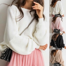 Sexy V-shaped Backless Long Sleeve Solid Color Loose Sweater