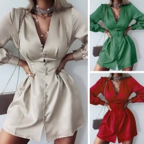 Sexy Deep V-neck Long Sleeve Single-breasted Solid Color Dress