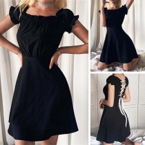 Sexy Lace-up Backless Short Sleeve Boat Neck Solid Color Dress