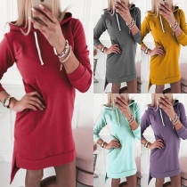 Fashion Solid Color Long Sleeve Hooded High-low Hem Sweatshirt Dress
