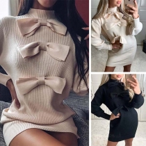 Fashion Solid Color Long Sleeve Mock Neck Bow-knot Knit Dress