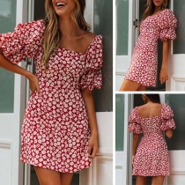 Sexy Square Collar Puff Sleeve Printed Dress