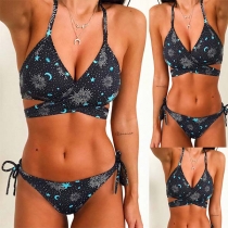 Sexy Backless Lace-up Printed Halter Bikini Set