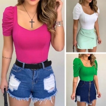 Sexy Square Collar Short Sleeve Solid Color Slim Fit T-shirt