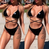 Sexy Backless Solid Color Lace-up Bikini Set