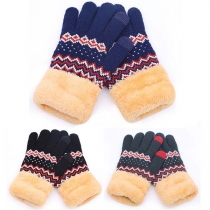 Fashion Contrast Color Printed Plush Lining Knit Gloves
