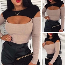 Sexy Hollow Out Long Sleeve Round Neck Contrast Color T-shirt
